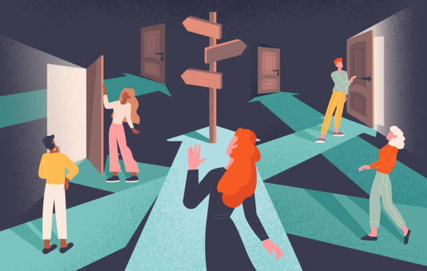 Concept of choices and Finding or Choosing the right path Psychological concept of choices and Finding or Choosing the right life path with group of diverse people following intersecting paths to doors with central signpost on arrow, flat vector illustration the past illustrations stock illustrations