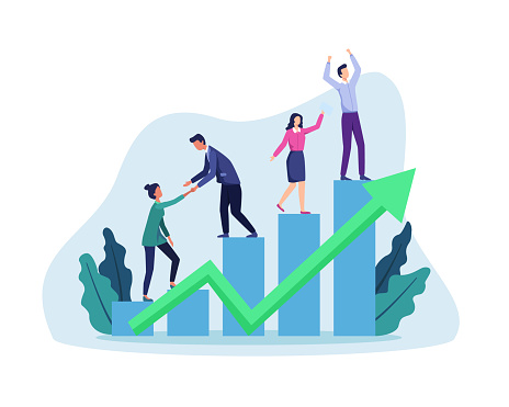 People walking up drawn stairs to success, Stepping on chart bar. Corporate growth plan, Business development to success and growing growth concept. Vector in flat style