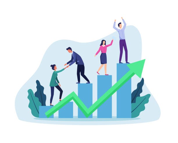 Business growth illustration People walking up drawn stairs to success, Stepping on chart bar. Corporate growth plan, Business development to success and growing growth concept. Vector in flat style stepping stock illustrations