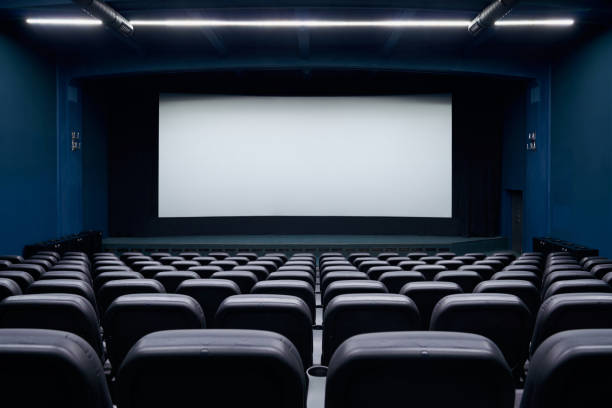 istock Spacious cinema hall with blank screen and rows seats. 1308949384
