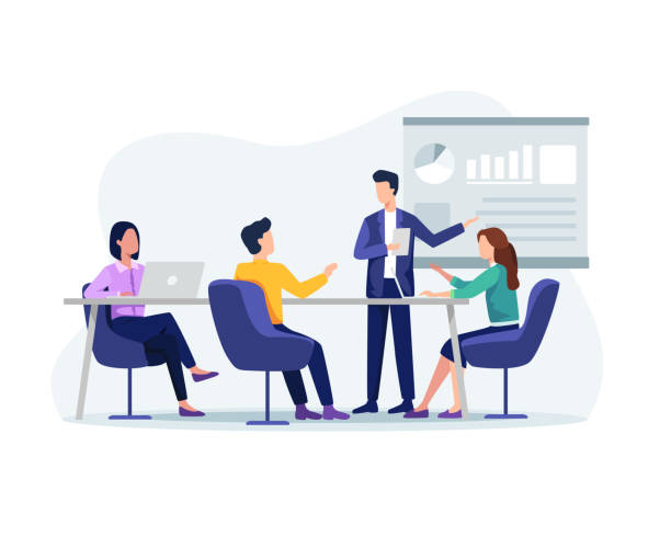 Business meeting illustration People on presentation conference, Businessman at project strategy. Business people working together, Presentation and discussion of the project. Vector in a flat style business meeting stock illustrations