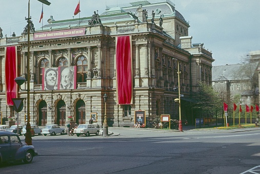 Liberec, Czech Republic, 1971. The theater in Liberec in the socialist era. Also: local, cars and system propaganda..