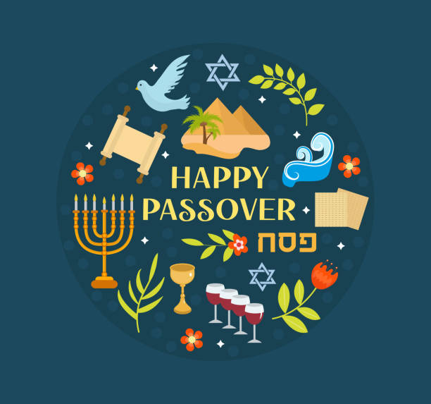 pessach-symbole in runder form. wohnung, cartoon-stil. jüdischer feiertag. sammlung mit matzah, wein, torus, pyramide. isoliert auf weißem hintergrund vektor-illustration - passover stock-grafiken, -clipart, -cartoons und -symbole