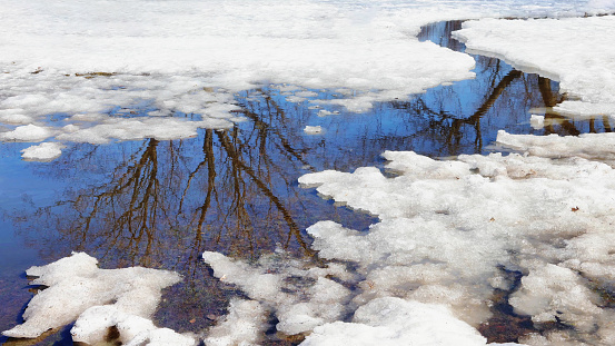 Reflections in a melting snow stream on a warm early Springtime day