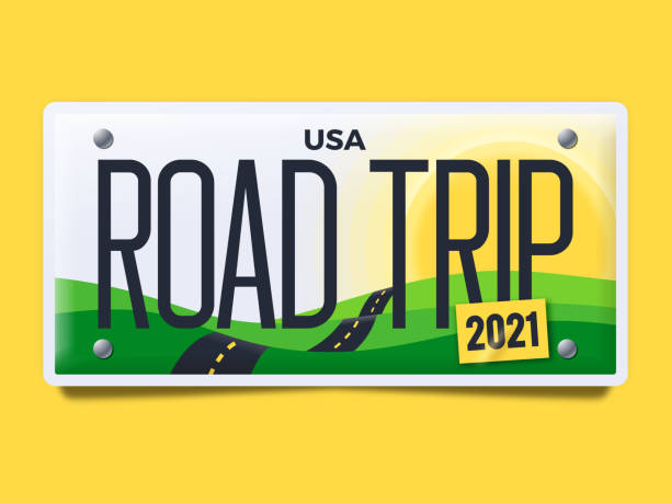 Road Trip License Plate Summer USA road trip license plate 2021 design. road trip stock illustrations