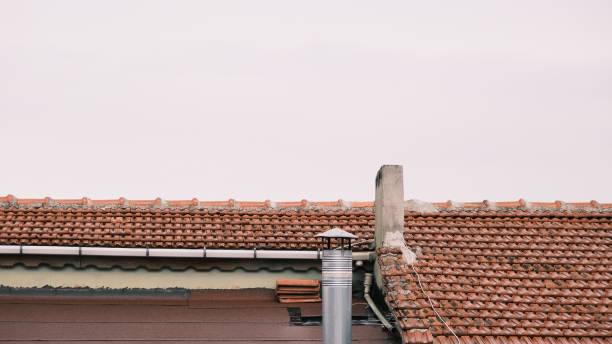techo de una casa con dos chimeneas y techo de ladrillos de color rojo - roof tile roof textured red fotografías e imágenes de stock