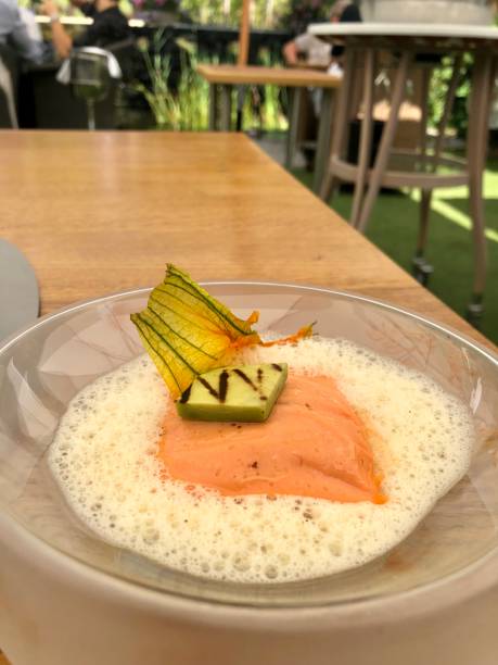 Fine dining, creative lobster dish with foam served in michelin star restaurant