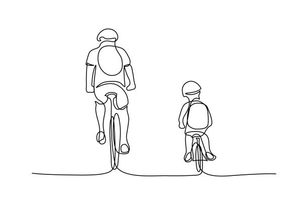 Family cycling Family cycling in continuous line art drawing style. Father with his little son riding bicycles together. Minimalist black linear sketch isolated on white background. Vector illustration leisure equipment stock illustrations