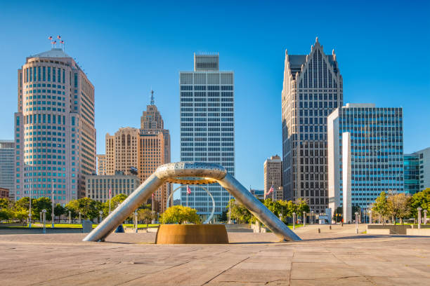 Hart Plaza in downtown Detroit Michigan USA Hart Plaza with the Horace E. Dodge and Son Memorial Fountain (designed by Isamu Noguchi in 1978) in downtown Detroit Michigan USA on a sunny day detroit michigan photos stock pictures, royalty-free photos & images