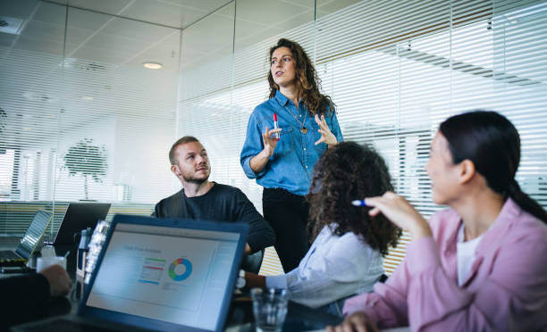 Businesswoman sharing new ideas with her team in a presentation