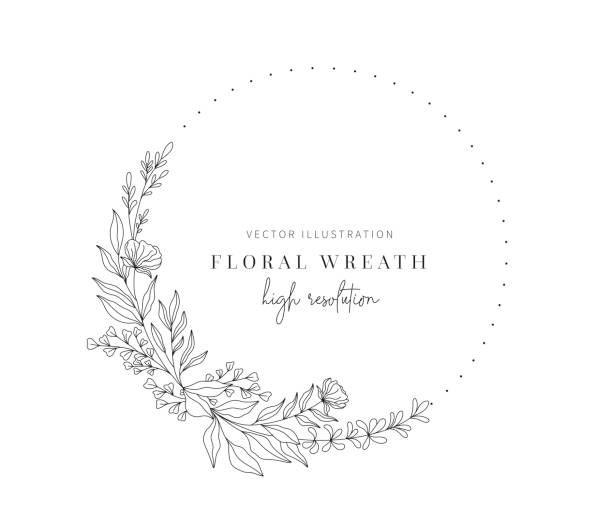 ilustraciones, imágenes clip art, dibujos animados e iconos de stock de corona floral dibujada a mano, corona floral con hojas para boda. - flores