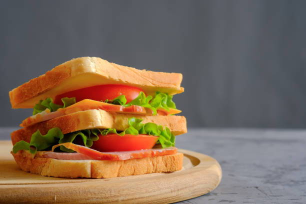 istock Big tasty sandwich on gray background 1308978565