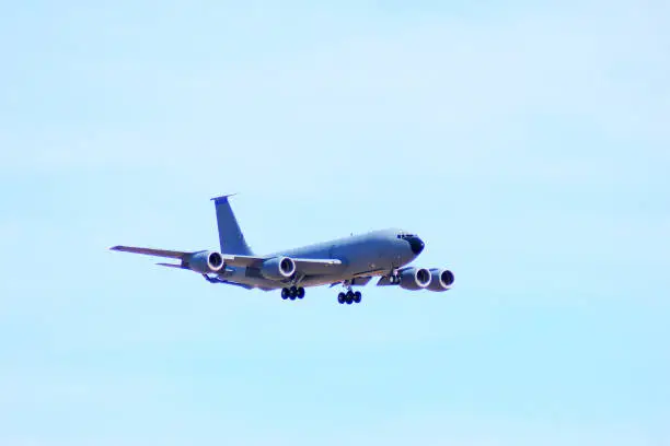 A KC-135 Stratotanker approaches its landing at Nellis Air Force Base in Las Vegas, Nevada.