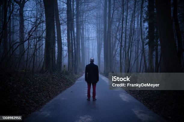 Middle Aged Man Alone In Misty Forest Lonely And Abandoned In Gloomy Atmospheric Mood Stock Photo - Download Image Now