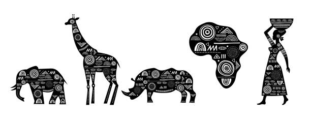 istock Africa banner with elements - patterned giraffes, elephant, African map, woman and rhino horn, black and white tribal banner 1308983867