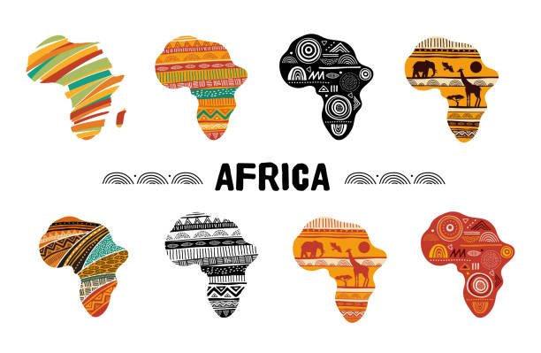 ilustraciones, imágenes clip art, dibujos animados e iconos de stock de mapa estampado en áfrica, colección de diseño de logotipos. banner con patrón grunge tradicional tribal, elementos, diseño conceptual - áfrica