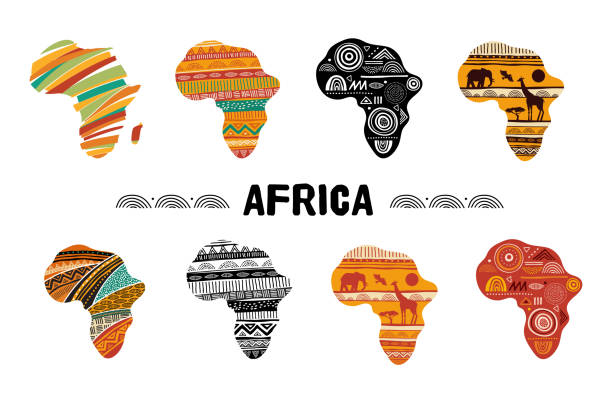 Africa patterned map, collection of logo design. Banner with tribal traditional grunge pattern, elements, concept design. Vector illustration