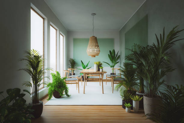Home dining room with lots of plants