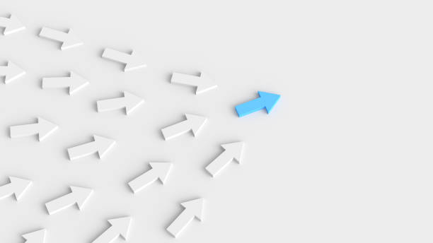 istock Leadership concept, blue leader arrow leading white arrows, on white background with empty copy space on right side 1308986700