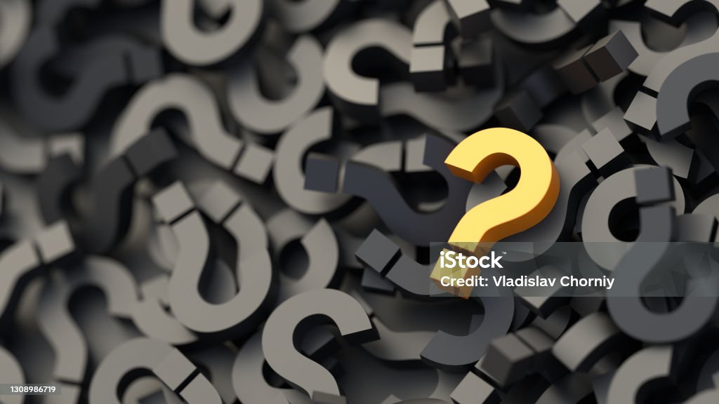 Yellow question mark on a background of black signs, FAQ Concept Yellow question mark on a background of black signs, FAQ Concept. 3D Rendering Question Mark Stock Photo