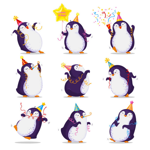 ilustraciones, imágenes clip art, dibujos animados e iconos de stock de conjunto de lindos pingüinos bailando en diferentes poses y gorras de cumpleaños.  ilustración vectorial en estilo de dibujos animados. todos los elementos están aislados. - pingüino
