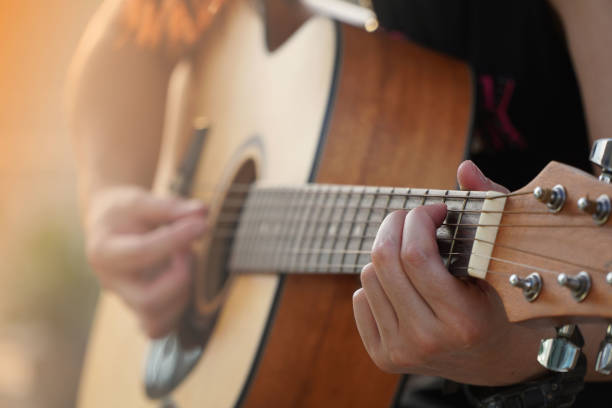 istock Practice playing guitar Beautiful woman playing guitar,close up 1308993888