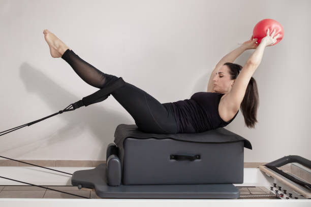 istock A woman doing pilates exercises on a reformed bed. 1308995404