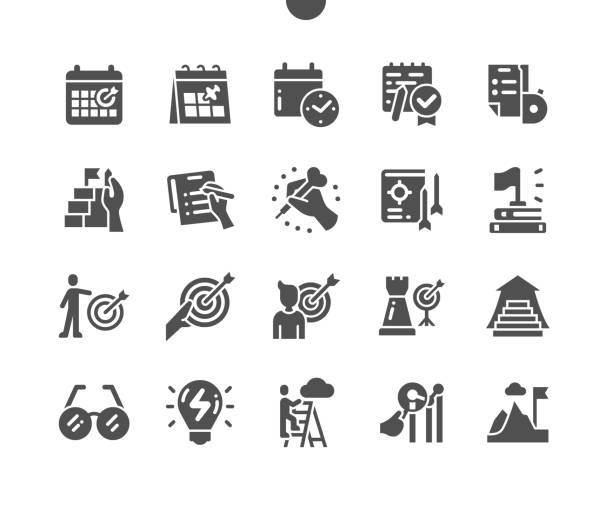 ilustrações de stock, clip art, desenhos animados e ícones de goal setting. time planning and calendar. success and strategy. schedule, growth, successful, destination, target and achieve. vector solid icons. simple pictogram - time duration