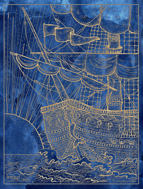 istock Blue marine illustration with old sailing ship or sailboat and rising sun. 1308999570