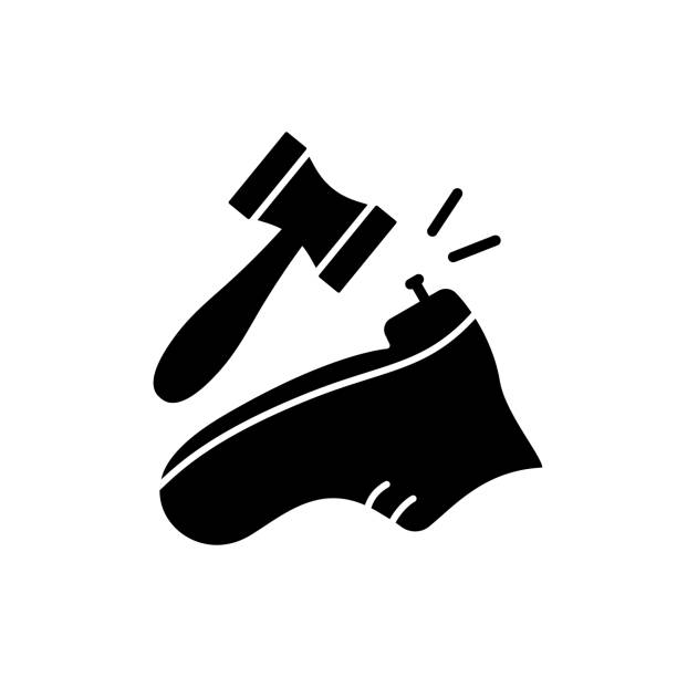 Shoe repair logo. Silhouette icon of shoemaker or cobbler Shoe repair logo. Silhouette icon of shoemaker or cobbler. Black simple illustration of boot with nail and hammer. Flat isolated vector pictogram on white background shoemaker stock illustrations