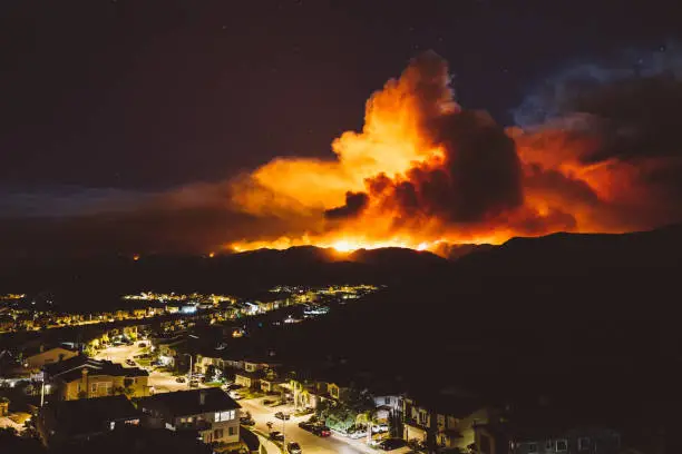 Photo of California wildfire burns near a residential area at night - Sand Fire July 22, 2016