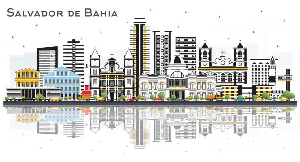 Vector illustration of Salvador de Bahia Brazil City Skyline with Color Buildings and Reflections Isolated on White.