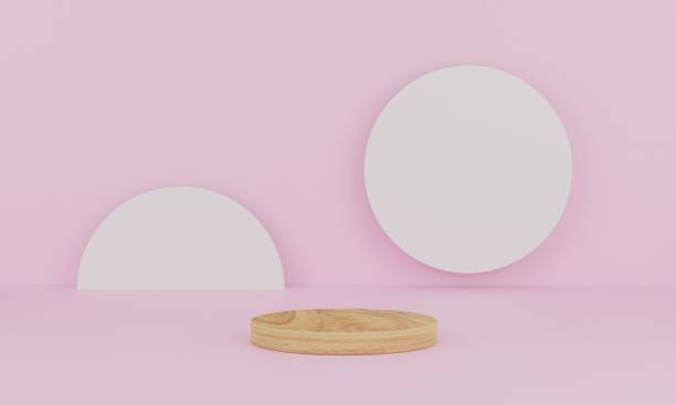 istock 3d rendering. Abstract minimal scene with geometric. wood podium on pink background 1309005378