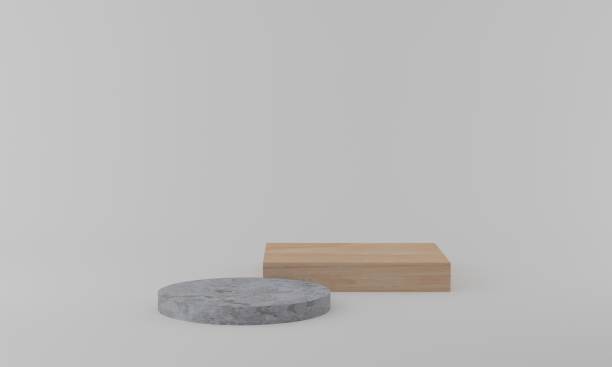 istock Geometric shape wood podium with cement pedestal on white background. 3d rendering 1309005391