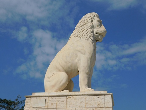 Piraeus, Greece, February 2018. The lion of Piraeus, copy of an ancient statue at the port entrance