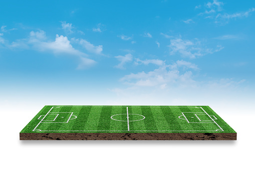 3D Rendering. Soccer green grass field on blue sky background.
