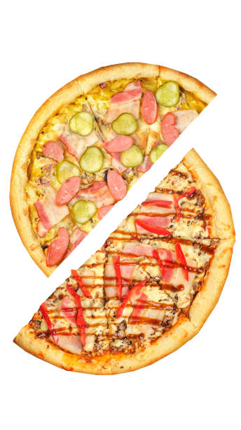 istock Pizza, two halves isolated on a white background. Versus concept. Appetizing pizza. 1309007948