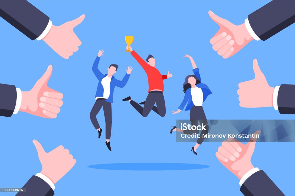 Employee recognition or proud worker of the month business concept Employee recognition or proud worker of the month business concept flat style design vector illustration. Young adult man jumps in the air with trophy cup in the hand and many thumbs up around him. Success stock vector