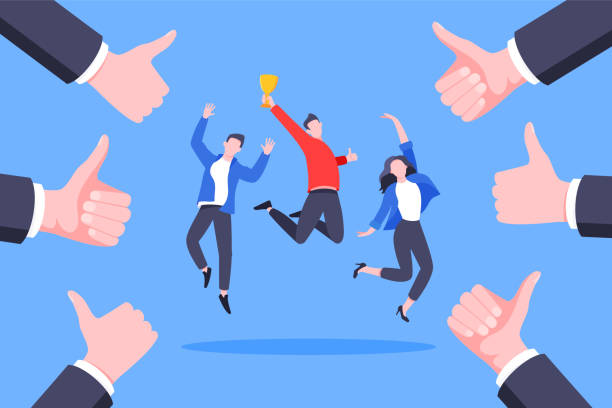 Employee recognition or proud worker of the month business concept Employee recognition or proud worker of the month business concept flat style design vector illustration. Young adult man jumps in the air with trophy cup in the hand and many thumbs up around him. man presentation stock illustrations