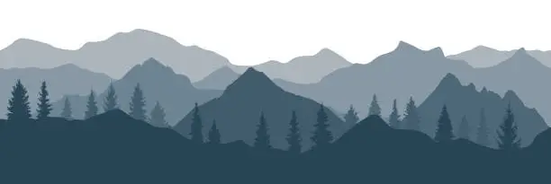 Vector illustration of Spruce trees and mountain, silhouettes. Beautiful landscape. Vector illustration.