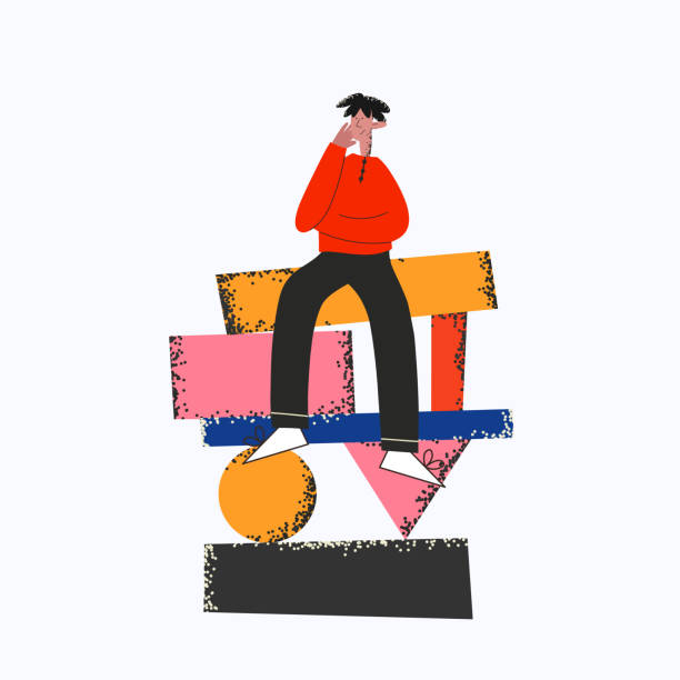 istock ethnic business man sitting on abstract geometric shapes thinks and analyzes.Creativity and search for a solution.Brooding manager. Business finance concept for website. Trendy flat textured character 1309011015