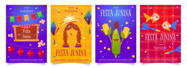 Festa Junina cartoon flyers party invitation cards Festa Junina cartoon flyers, party invitation cards with festive elements hat, flags garland and fish toys, paper lanterns and darts with corn, confetti and wig on tablecloth background, Vector set festa junina stock illustrations