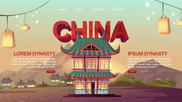 Vector illustration of China landing page with traditional asian houses