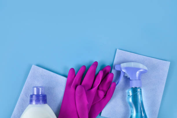 Rags with latex gloves and sprayer