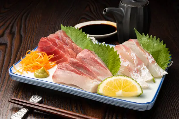 Assorted sashimi, Japanese food. Tuna, sea bream, yellowtail.