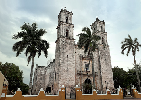 San Servacio church, colonial style entirely made of stone, Valladolid, Yucatan, Mexico.
