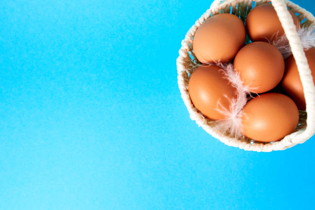 istock White handmade straw basket full of eggs and feather on blue background. Copy space. Empty text place. Easter holiday card. Springtime mockup design. Healthy food product. Farm production. Big size 1309016803