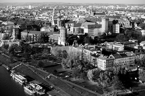 Top view of the Vistula river, center of Krakow, Poland. Black and white photo.