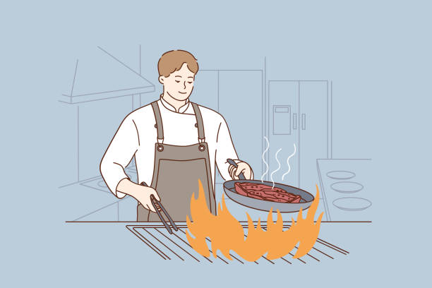 プロのシェフ、料理、おいしい食べ物のコンセプト - chef men one person cooking点のイラスト素材／クリップアート素材／マンガ素材／アイコン素材