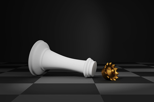 fallen chess king on a chessboard. 3d illustration